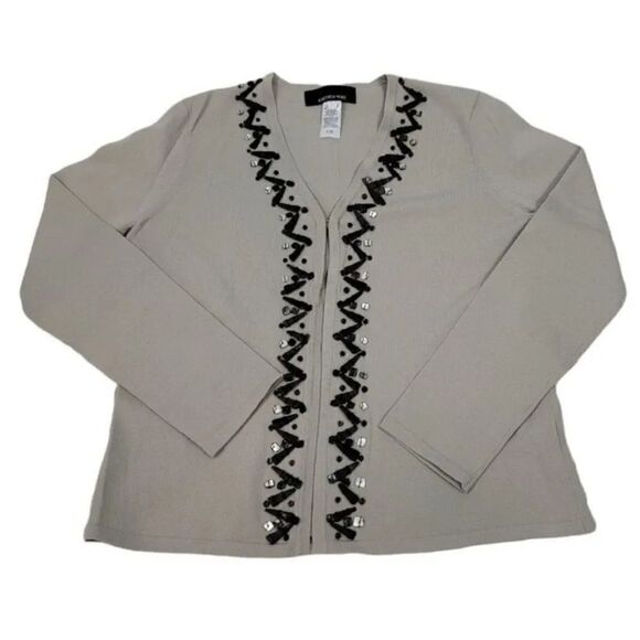 Vintage Jones New York 2 PC Beaded Sweater Cardigan Twinset in Gray Size Small - Picture 3 of 12
